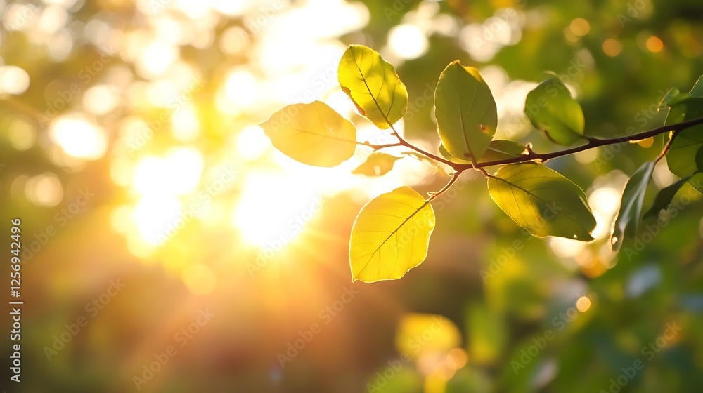 Aufkleber an enchanting closeup view of green leaves illuminated by sunlight creating a warm and inviting atmo