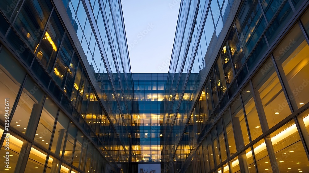Poster modern architectural design with glass buildings reflecting evening light in an urban setting : gene