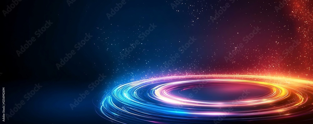 Poster format system path glowing light trails in vibrant colors on a dark background for artistic concepts