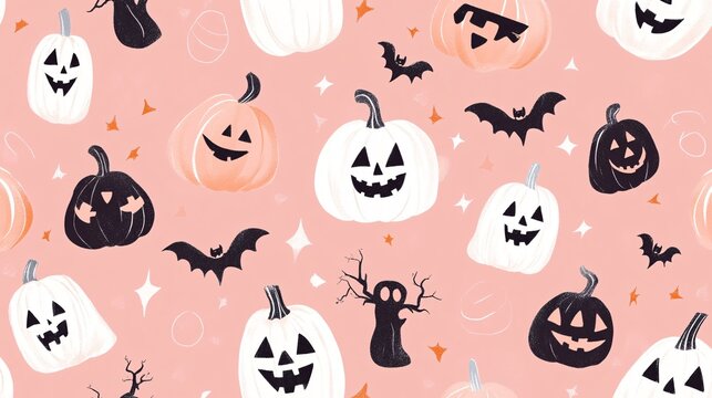 Seamless pattern with halloween pumpkins and bats flying on a pink background