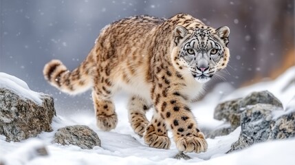 Obraz premium Snow leopard gracefully traversing a snowy landscape, showcasing its beauty in nature's tranquility