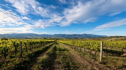 Fototapeta premium Expansive vineyard landscape showcasing lush green vines under a bright blue sky with clouds : Generative AI