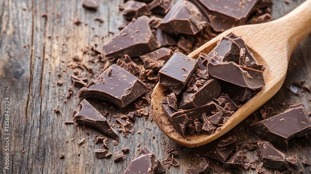 Poster rich dark chocolate chunks scattered on rustic wooden surface with a wooden scoop : generative ai
