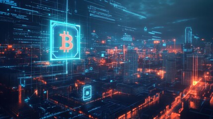 Obraz premium Futuristic cityscape at night featuring glowing neon lights and modern architecture