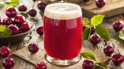 Refreshing Cherry Drink with Fresh Cherries Around Glass