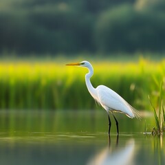 Fototapeta premium Elegant Great Egret Stands Gracefully in Serene Wetland Landscape