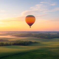 Obraz premium Vibrant Hot Air Balloon Floating Above Rolling Green Hills at Dusk