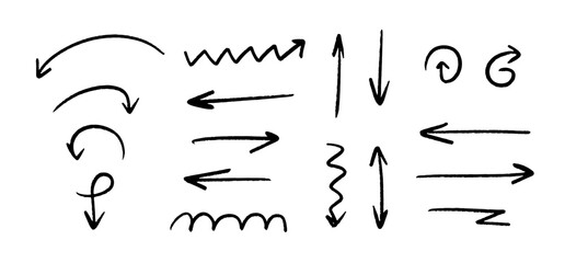 Hand drawn wavy and zigzag arrow set. Black grunge sketch arrow collection. Doodle sketched pointers and direction lines. Curved and straight brush stroke bundle for flyer, poster, brochure. Vector