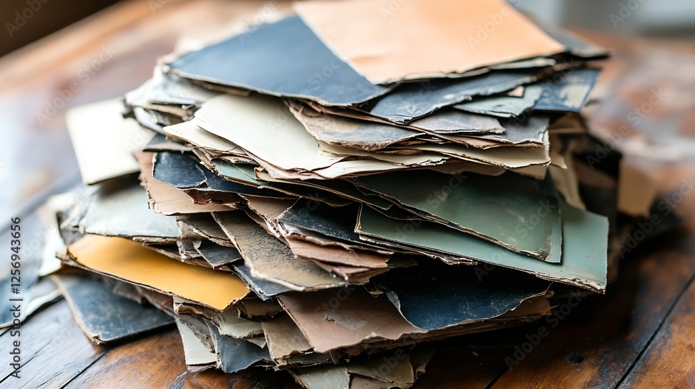 Poster vintage stack of old colorful leather sheets piled on wooden surface for craft and design use : gene