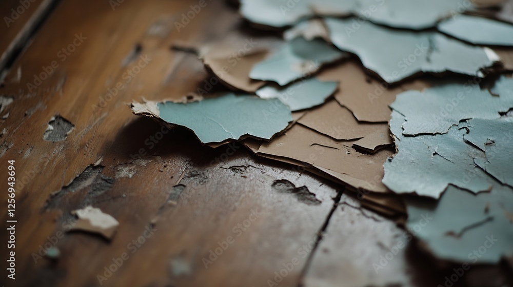 Poster textured layers of old colored paper sheets on wooden surface for vintage crafting projects : genera