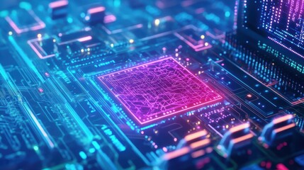 Computer chip illuminated with pink and blue light glowing in a dark background for technology concepts
