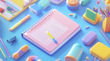 Pink notebook, colorful stationery, desk, back to school supplies