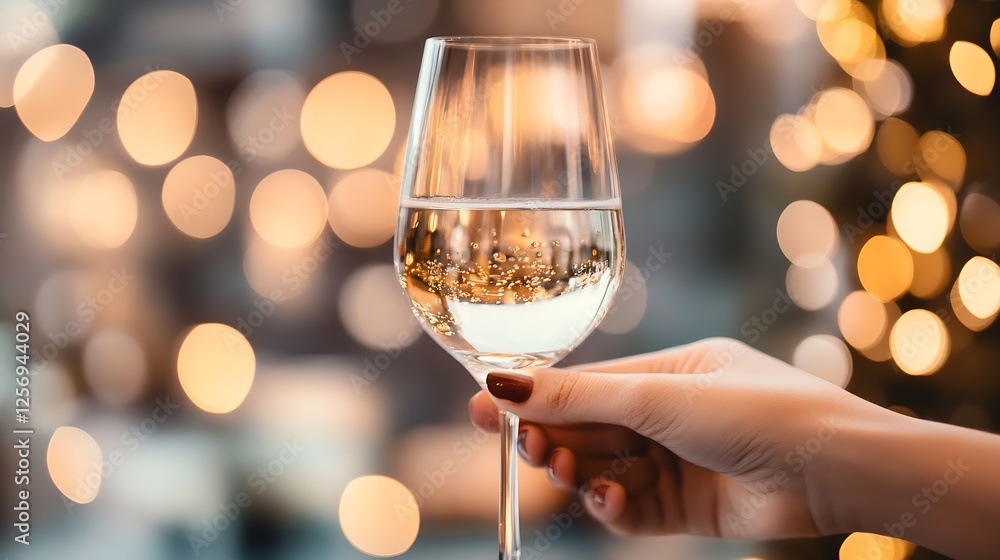 Poster elegant glass of sparkling water held in a hand with bokeh lights in the background : generative ai
