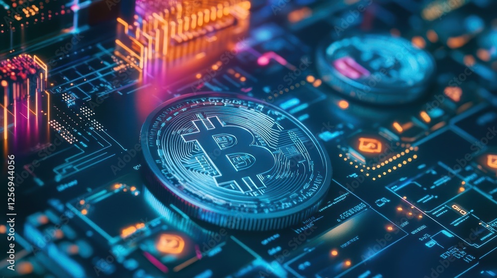 Aufkleber bitcoin cryptocurrency symbol on digital background with cryptographic elements and abstract pattern