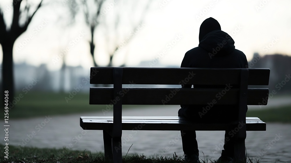 Poster silhouette of a person sitting on a bench in a park during dusk or twilight hour : generative ai