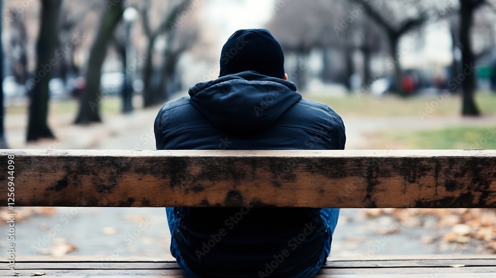 Poster rear view of a man sitting on a bench in a casual setting during autumn season : generative ai