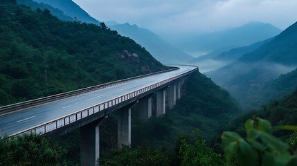 Obraz premium Serene mountain road winding through lush green hills shrouded in misty fog at dawn : Generative AI