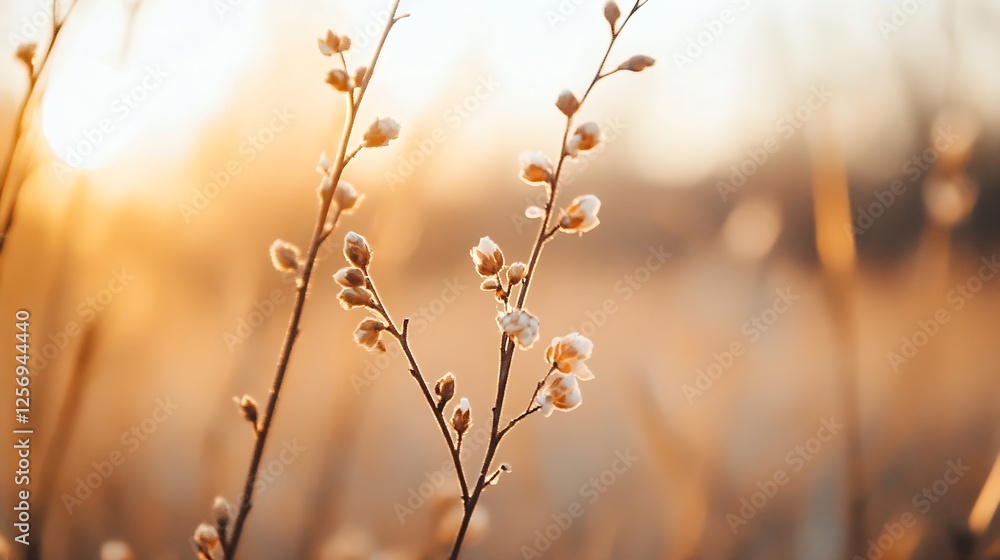 Aufkleber delicate flowers blooming in a field illuminated by soft sunlight during golden hour : generative ai
