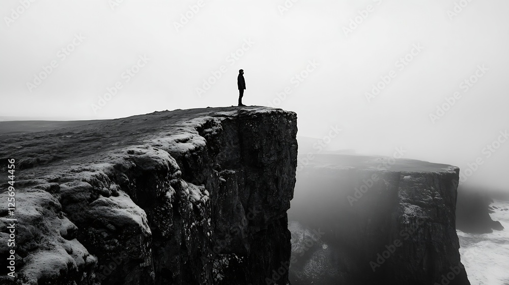 Poster dramatic black and white landscape featuring a person standing at the edge of a sheer cliff overlook
