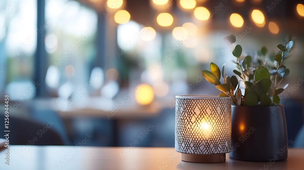 Poster charming interior decor featuring a candle and potted plant on a table with soft bokeh lights in the