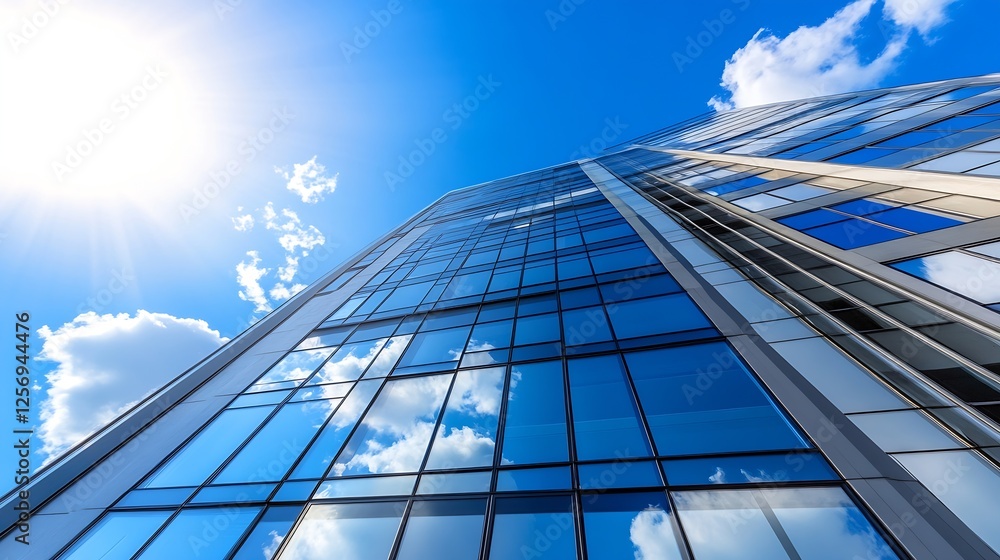 Poster stunning modern skyscraper reaching towards a blue sky illuminated by a bright sun showcasing glass 
