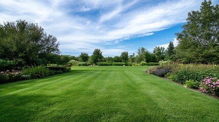Fototapeta premium Lush vibrant garden scene showcasing a beautifully manicured lawn surrounded by blooming flowers and lush trees under blue sky : Generative AI