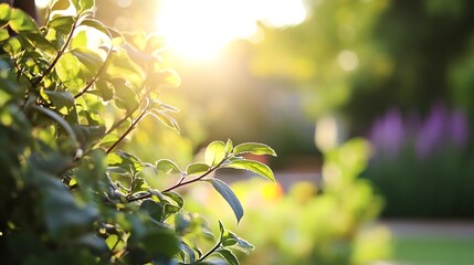 Obraz premium Close Up of Fresh Green Leaves Glowing in Soft Sunshine in Urban Garden : Generative AI