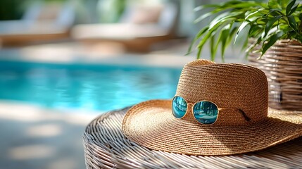 Stylish wide brimmed sun hat resting on a wooden table near a beach showcasing warm summer tones soft shadows and ample copy space for text or design elements