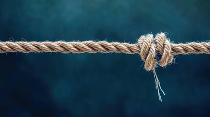 Close up of a thick rope with a knot tied securely on a wooden surface