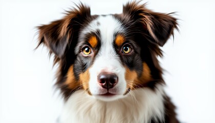 Fototapeta premium The image is a portrait of a trieshading Border Collie Dog against a white background brown white and orange pastel aesthetic. The image showcases a dog with a brown, white, and orange, with a white