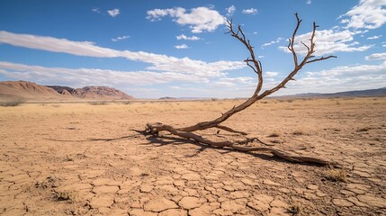 Isolated dry tree branch in a vast desert landscape under a bright blue sky : Generative AI