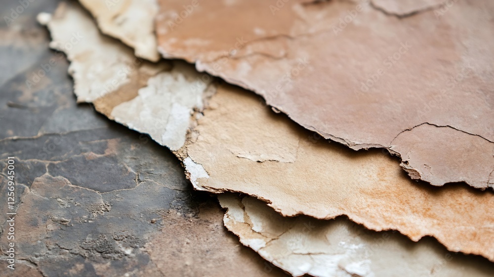 Poster close up of beautifully layered aged paper textures in natural tones for creative projects : generat