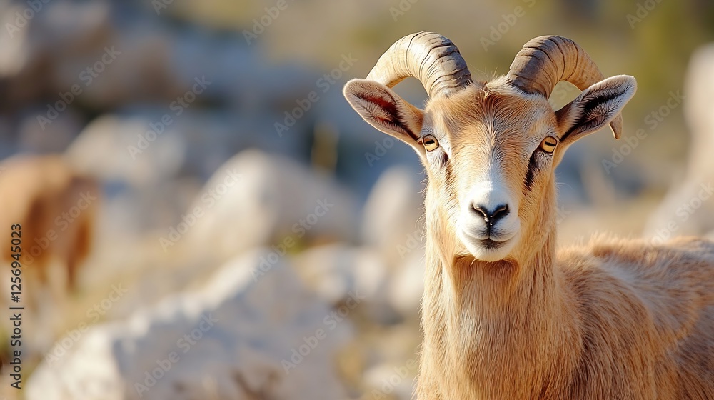 Poster beautiful close up of a wild goat with impressive horns in a natural rocky environment : generative 