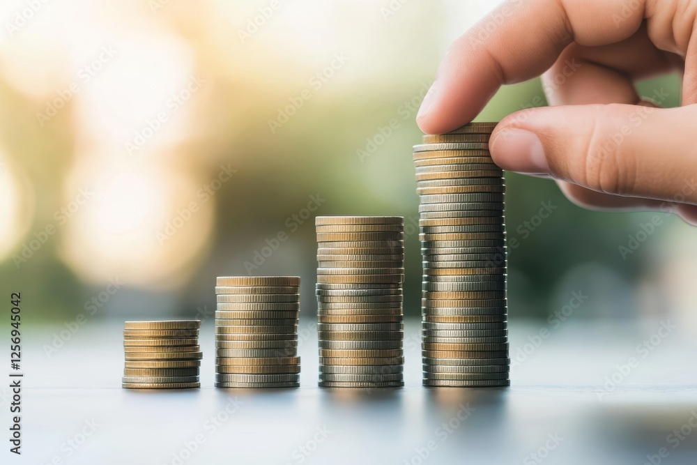 Poster hand placing coins on top of a stack of coins on a wooden surface