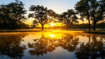 Obraz premium Serene sunrise over tranquil water and trees.