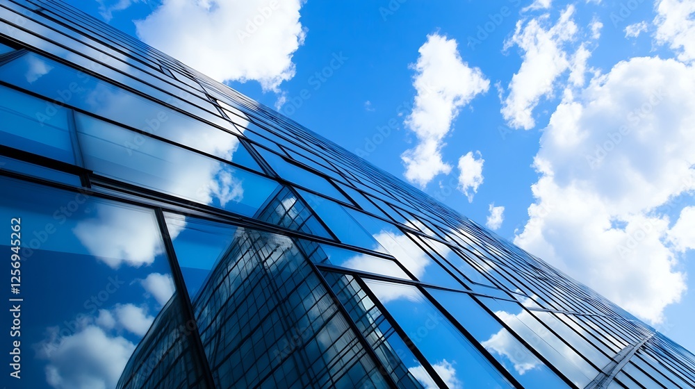 Aufkleber dynamic upward angle of modern glass building reflecting clouds and blue sky : generative ai