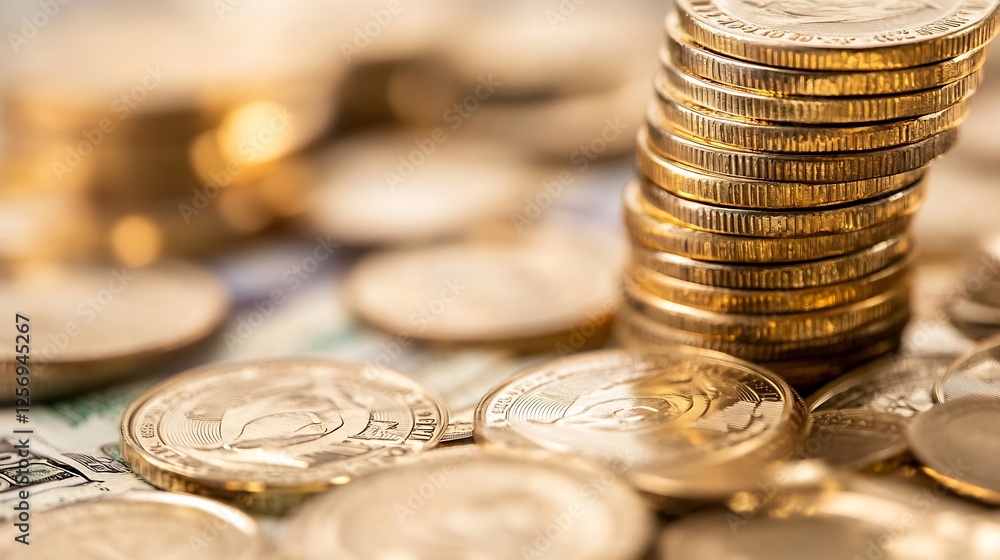 Poster stack of shiny gold coins neatly arranged atop a blurred background of currency notes : generative a