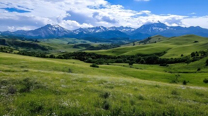 Expansive green landscape with rolling hills and majestic mountains under a bright blue sky : Generative AI