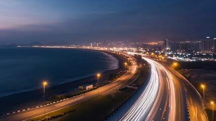 Stunning coastal view at dusk showcasing urban lights and moving traffic along the shore : Generative AI