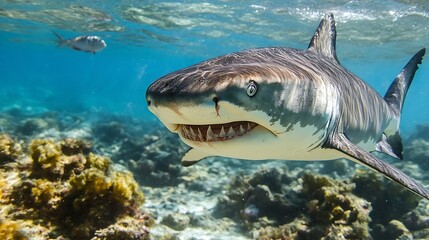 Fototapeta premium Majestic underwater shot of a fierce shark swimming over the coral reef habitat : Generative AI