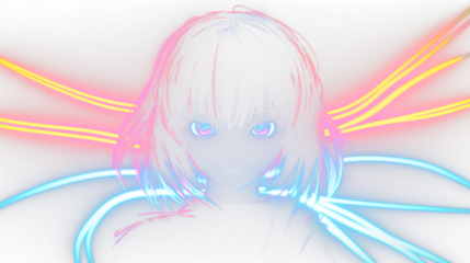 a girl with long hair and blue eyes in a neon light