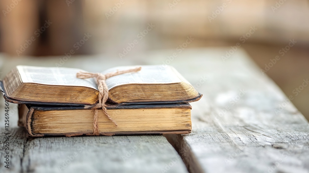 Aufkleber vintage styled image of two old books tied together with twine resting on a rustic wooden table : ge
