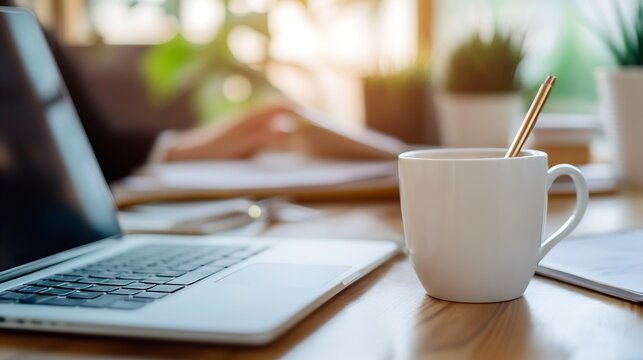 Cozy workspace with laptop and coffee cup capturing a moment of productivity and creativity : Generative AI