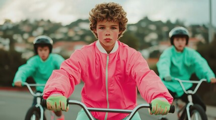 Three kids ride BMX bicycles, showcasing vibrant outfits and a playful spirit against a scenic backdrop.