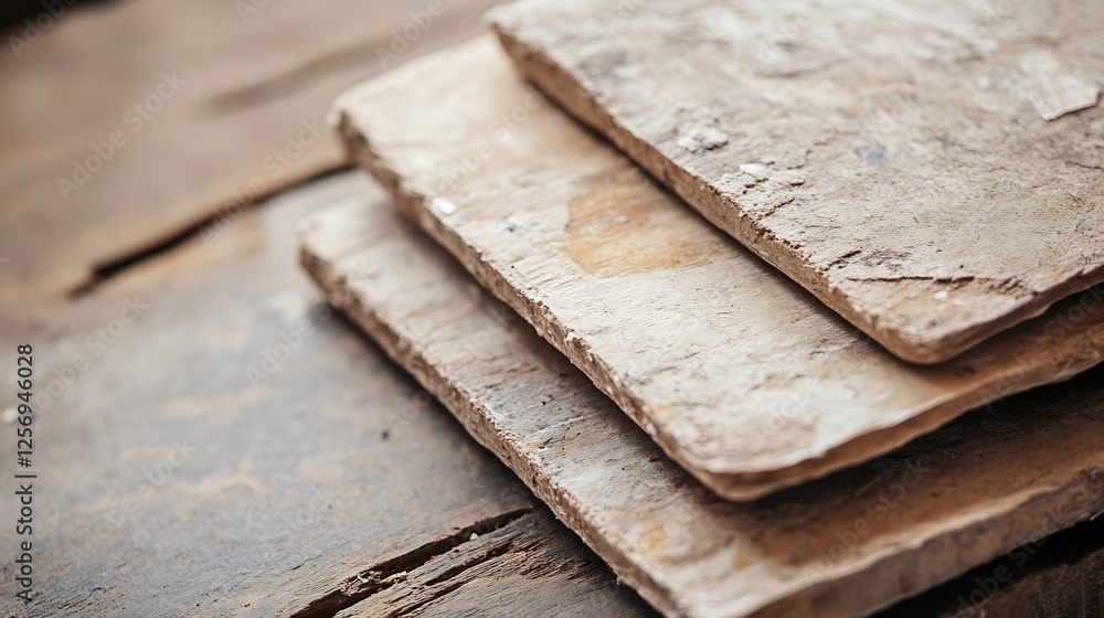 Poster texture of worn stone slabs stacked on a rustic wooden surface for an industrial feel : generative a