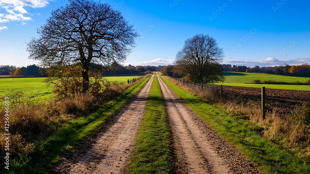 Poster scenic country road lined with trees under a clear blue sky representing tranquility in nature : gen