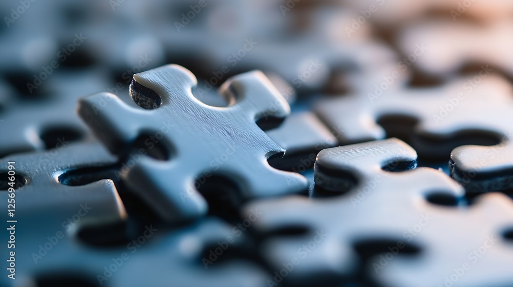 Poster Close up view of scattered puzzle pieces on a flat surface creating a challenging scene : Generative AI