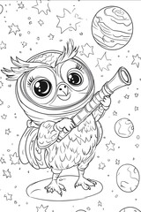 An owl in a space helmet holding a telescope looking at stars and planets cartoon style childrens coloring book design thick black lines black and white