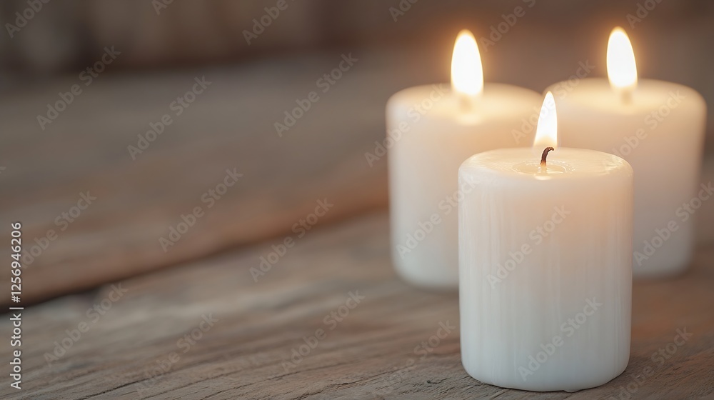 Aufkleber Three lit candles on a rustic wooden table creating a serene and warm atmosphere for relaxation and meditation : Generative AI