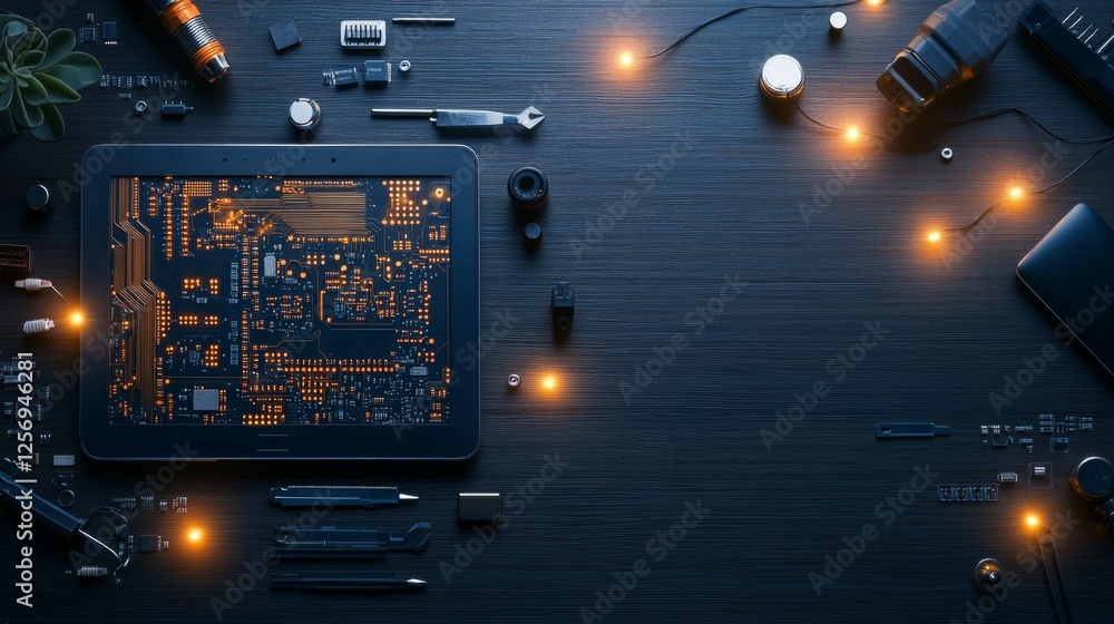 Poster innovative circuit board design workshop tech lab visual content modern environment top-down view te